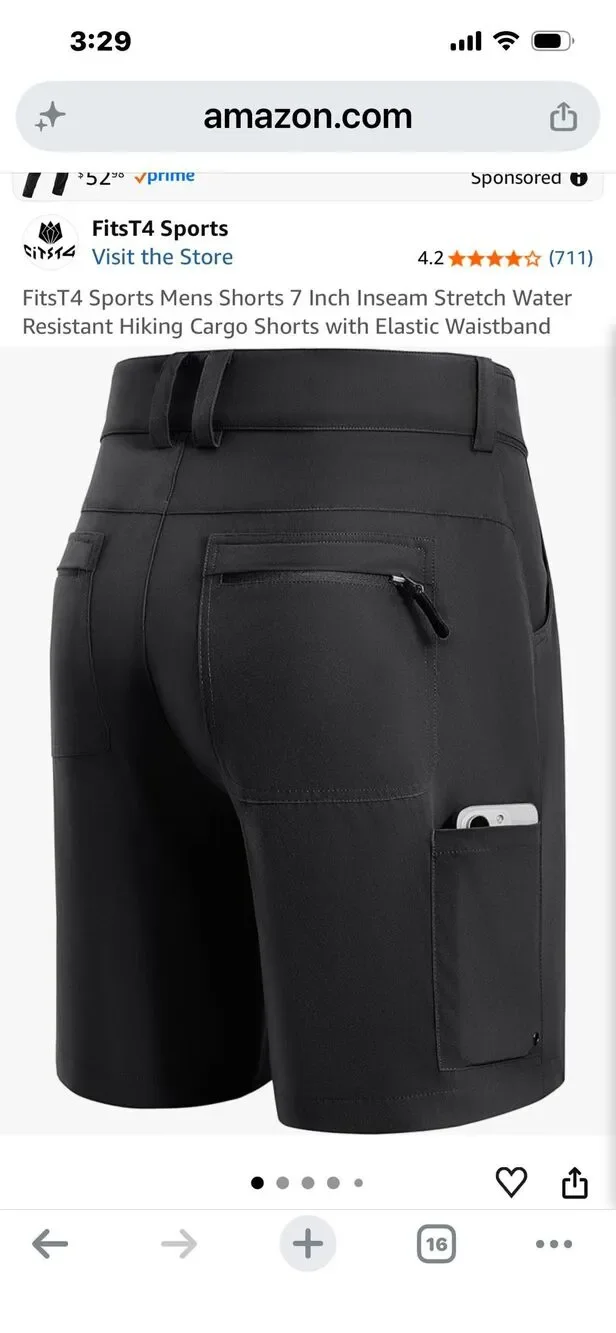 FitsT4 Sports Men's Cargo Hiking Shorts Black Stretch Outdoor Water Resist 32
